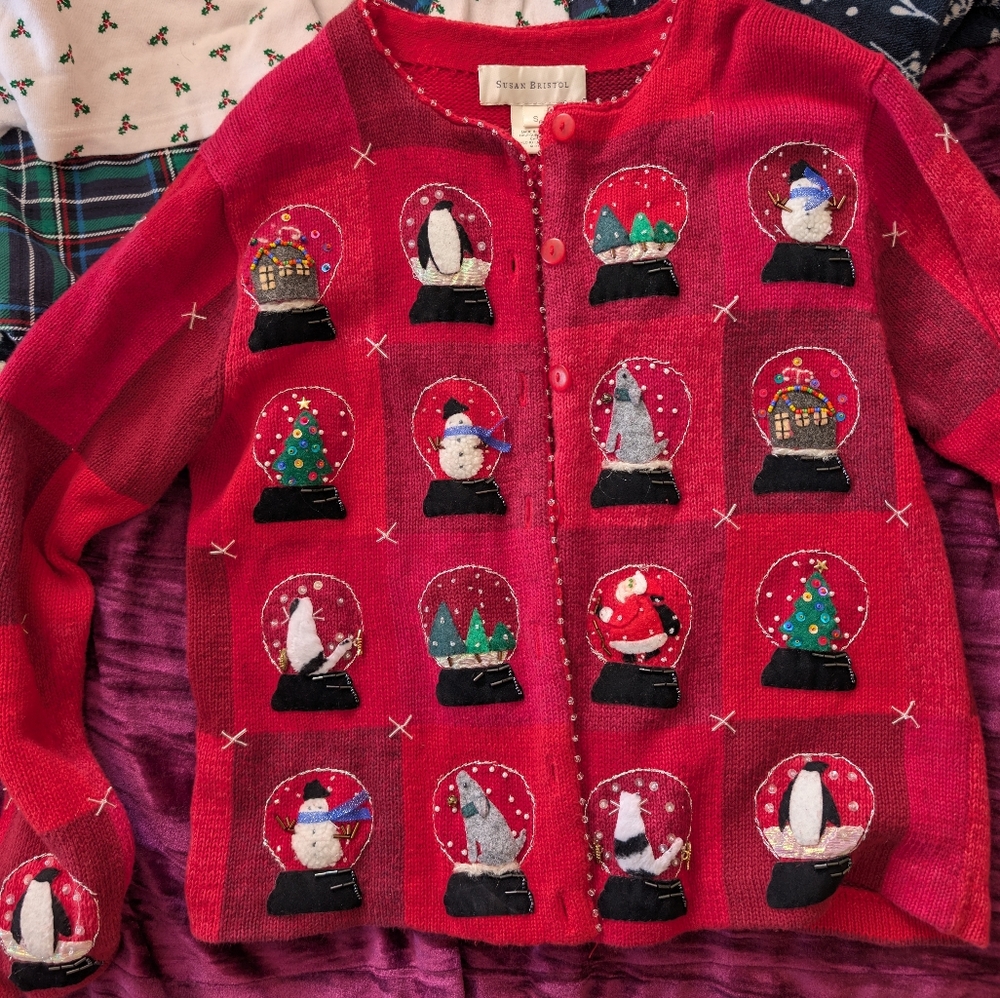 Susan Bristol Retro 90's Size Small Red Snow Globe Cardigan